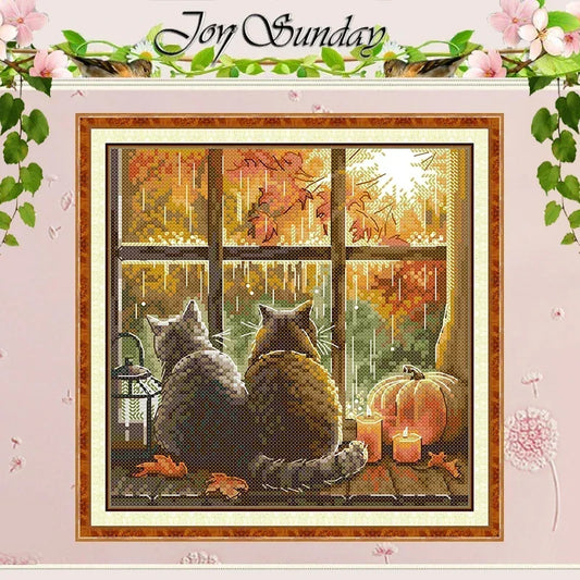 Kotki na Parapecie – Zestaw Haftu Krzyżykowego DIY 11CT/14CT/16CT Joy Sunday
